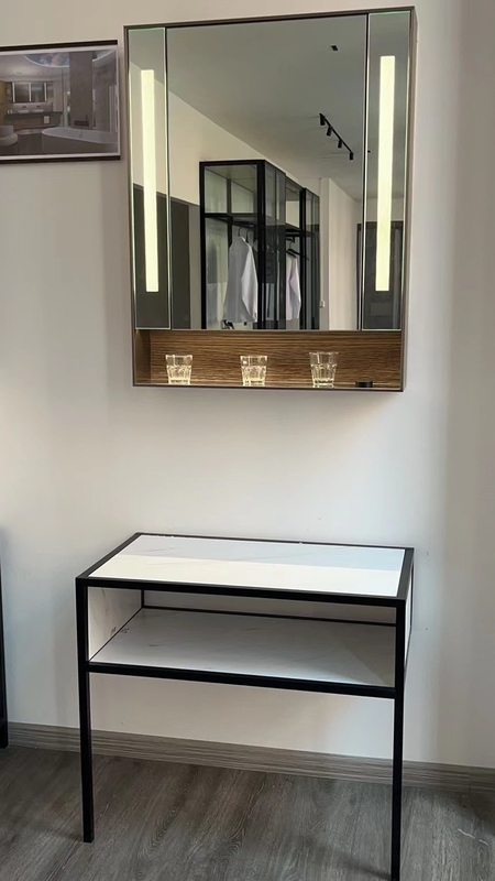 Pabrik Pasokan Aluminium Kayu Kombinasi Smart Mirror Cabinet Switch Sentuh Disesuaikan dengan LED Defogger