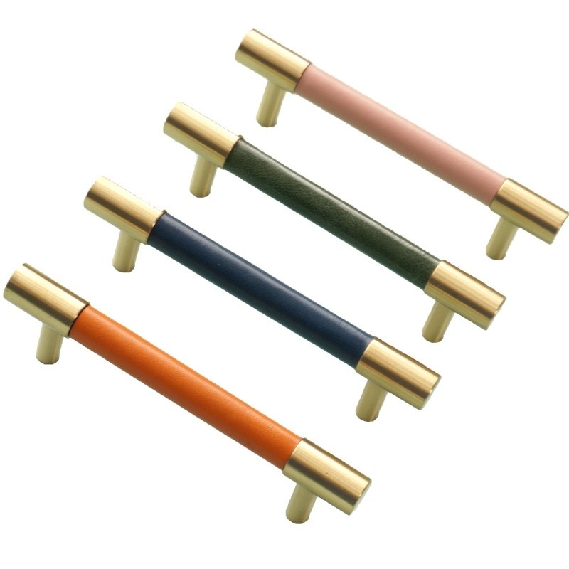 5 Inch Genggam Kulit Asli Lemari Kuningan T Bar Tarik Pink Single Hole Knobs