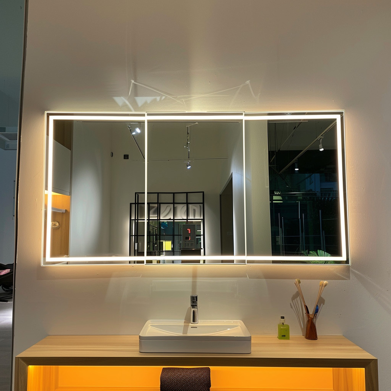 Smart Mirror Cabinet Pintu dengan Kulkas Semua Aluminium Lampu LED Sentuh Buka Defogging Lampu