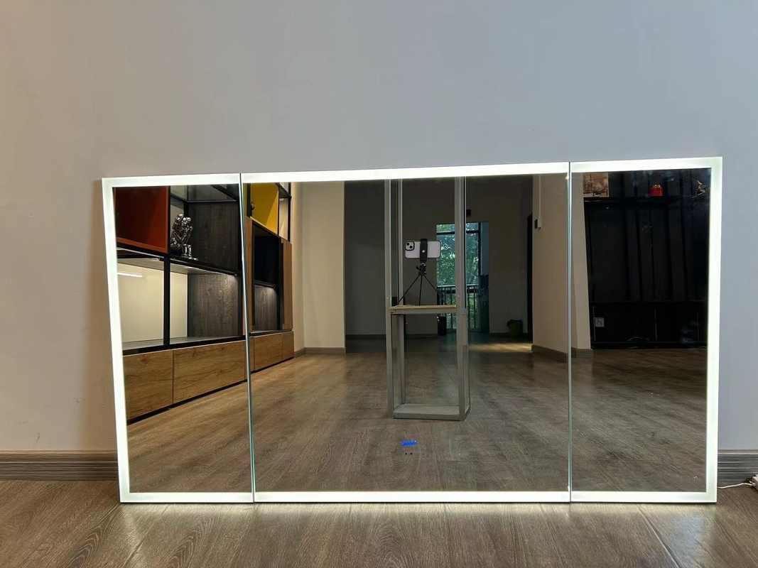 Smart Mirror Cabinet Pintu dengan Kulkas Semua Aluminium Lampu LED Sentuh Buka Defogging Lampu
